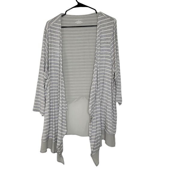 Lane Bryant Size 18/20 Gray & White Striped Open Chiffon-Trim Draped Cardigan - Picture 1 of 6